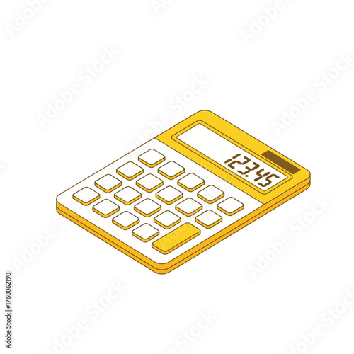 Isometric yellow calculator icon for financial and mathematical calculations, isolated on a white background. Vector illustration for business or educational concepts