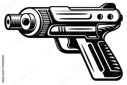 Stylized black and white blaster weapon is displayed in a image