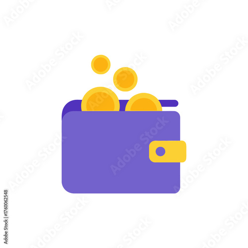Vector illustration of a purple wallet with falling gold coins, a flat icon symbolizing finance, payment, and wealth management
