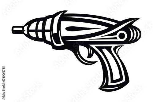 Striking black and white raygun with an abstract design evokes futuristic adventure
