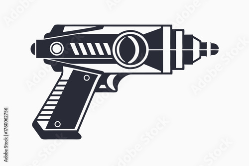 Monochromatic ray gun blaster silhouette depicts a vintage futuristic weapon for space exploration games