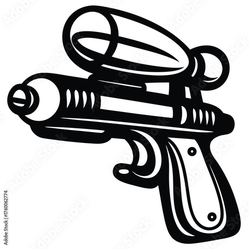 Stylized futuristic gun with exaggerated scope is presented in black and white design