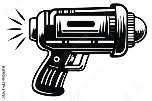 Scifi weapon beams out, highlighting a futuristic and stylized ray gun device for adventure