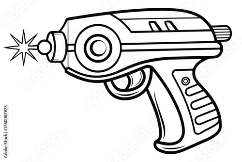 Outlined ray gun firing cosmic energy, features a classic, bold vintage science fiction aesthetic
