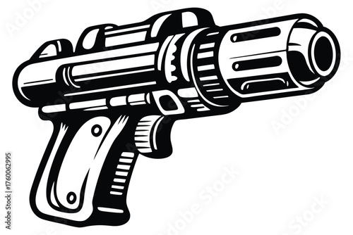 Scifi blaster pistol features a futuristic design in black and white