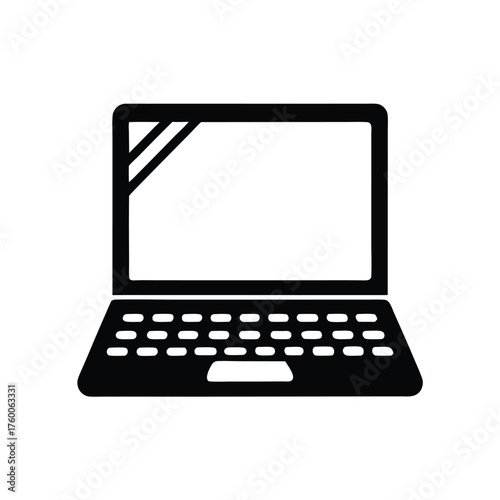 Simple line drawing shows a modern laptop isolated with light reflection on screen