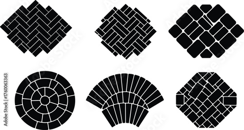 Herringbone paving, basket weave tiles, circular fan mosaic, diamond stone layout, architectural flooring design, CAD drawing, flat vector construction illustration set