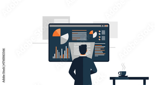 Professional reviews dynamic data analytics dashboard for strategic business decisions, fueled by coffee, seeking growth and insights in modern workspace