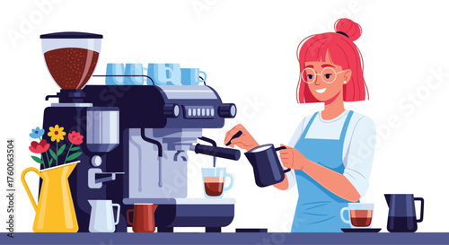 Cheerful barista crafting delicious espresso with modern machine in trendy cafe, perfect for coffee shop promotion and menu designs, inviting ambiance