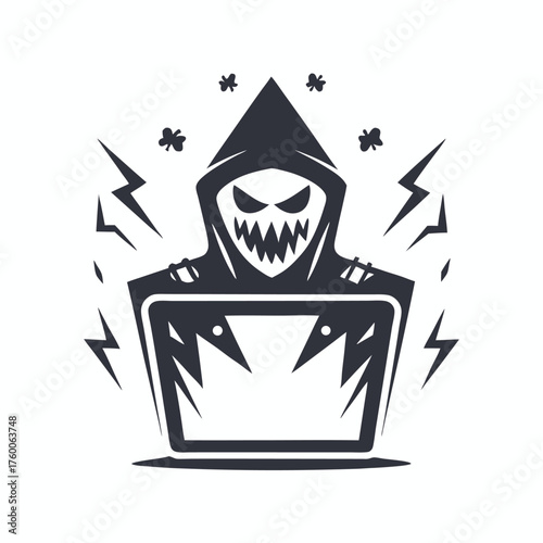 Isolated masked person wearing a hood is using a laptop for nefarious purposes