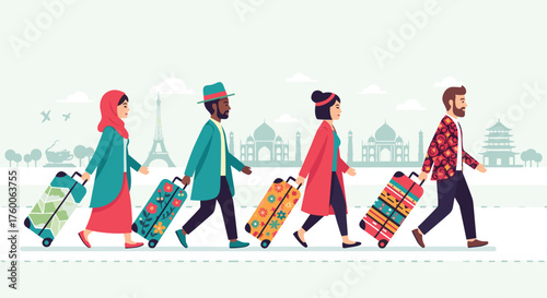 Diverse group of travelers with colorful suitcases, ready for international adventures and cultural experiences, exploring iconic landmarks worldwide