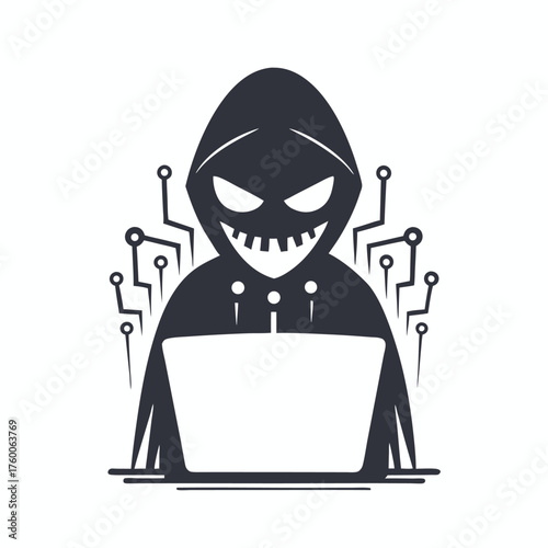 Shadowy hacker in hoodie manipulates a computer network system for nefarious purposes