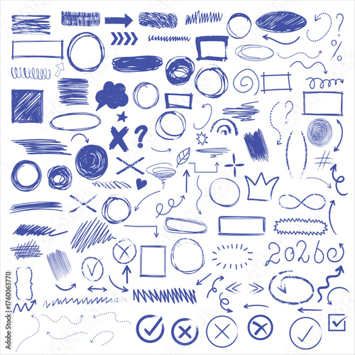 Hand drawn doodle elements collection. Blue marker scribble sketches with arrows, circles, and shapesdrawn abstract doodle pencil scratch mark for your design. Vector illustration
