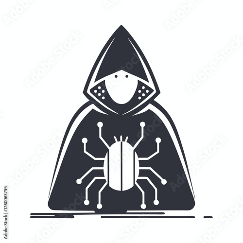 Mysterious hooded figure displays a stylized virus bug emblem on their cloak prominently