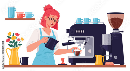 Vibrant barista prepares delicious espresso drink with care, ready to serve in modern coffee shop, professional service and quality coffee concept