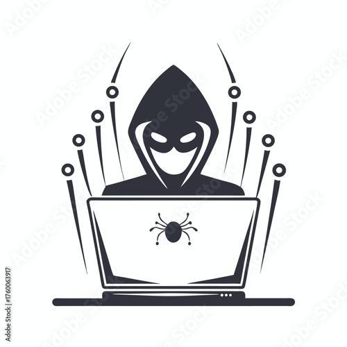 Masked hacker types on a laptop with a spider symbol, isolated on white
