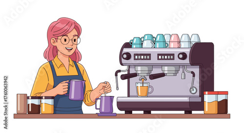 Cheerful barista expertly prepares a delicious latte with modern espresso machine, creating a warm and inviting cafe atmosphere for your business