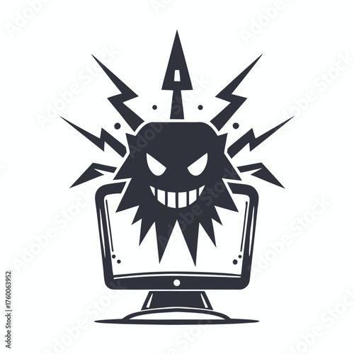 Malicious grinning virus attacking computer, with sharp teeth and destructive energy strikes