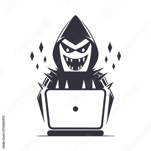 Mysterious hooded hacker works intensely on a laptop with network data shown