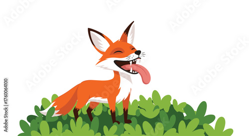 A happy fox is sticking its tongue out in the bushes.