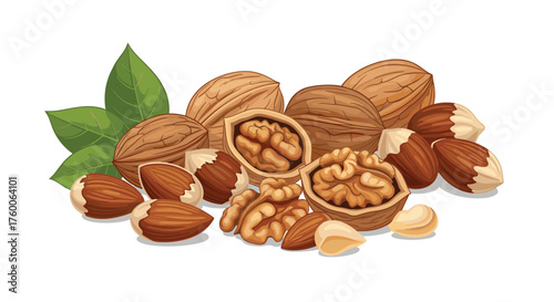 A delicious and healthy assortment of nuts and leaves.