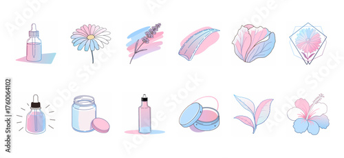 Minimalist Botanical Cosmetics Ingredients Vector Icons Set—Herbs, Oils, Flowers for Organic Skincare and Beauty Branding