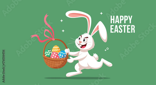 Happy easter bunny carrying a basket full of easter eggs.