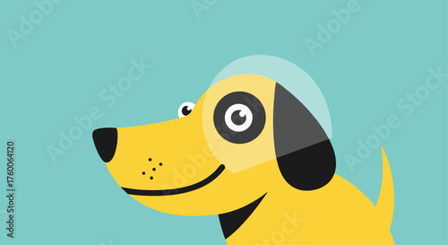 A playful yellow dog wearing a clear helmet smiles widely.