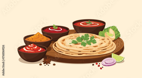 A delightful spread of indian flatbread and vibrant curries is presented beautifully.