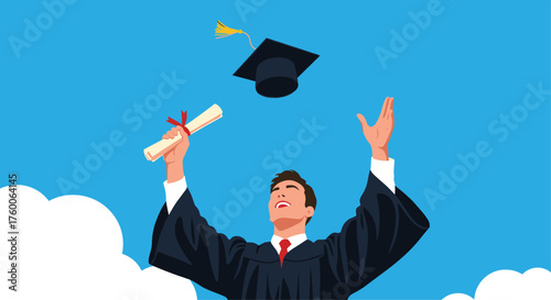 A graduate wearing a cap and gown celebrates tossing their cap and diploma.