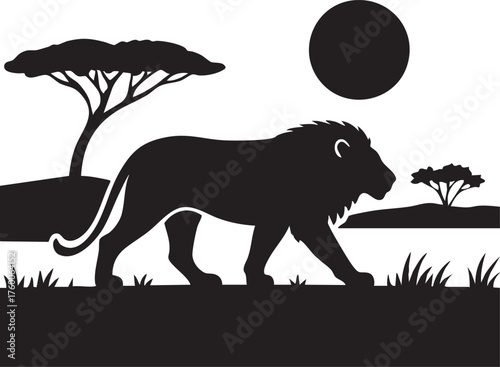 Lion walking across savanna silhouette vector
