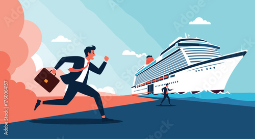 A businessman runs towards a departing cruise ship to catch it.