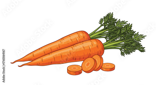 Freshly harvested orange carrots with their leafy green tops and sliced pieces.