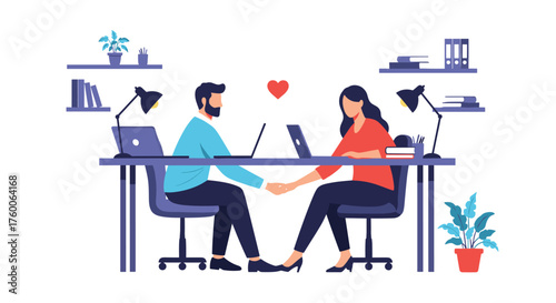 Two colleagues working together at desks holding hands.