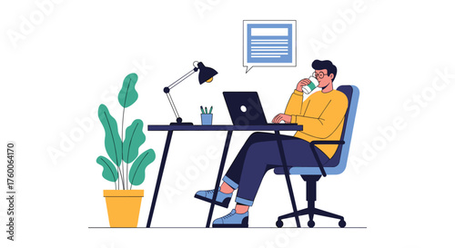 A person working on a laptop at a desk with a plant and lamp.