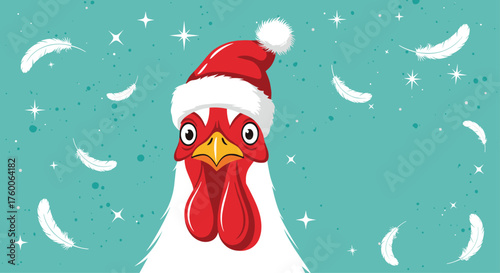 A funny chicken wearing a santa hat with feathers floating around it.