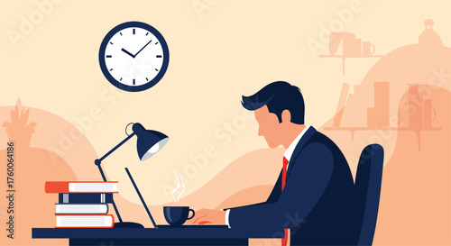 A businessman works diligently at his desk.