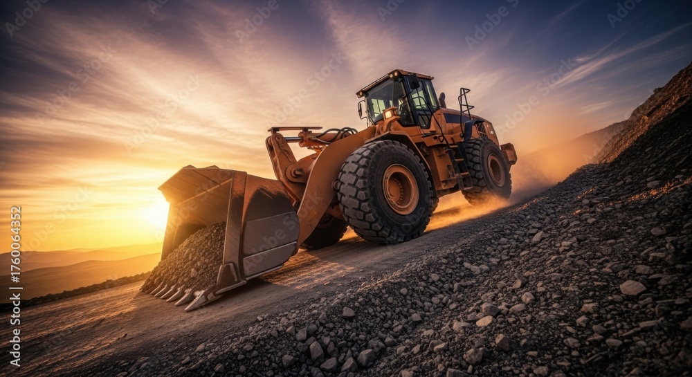 Fototapeta premium Powerful construction scene with bulldozer at sunset in rocky quarry environment