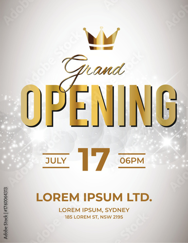 White and Gold Grand Opening Flyer with Crown Design for Elegant Store Launch