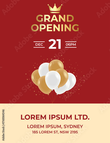 Red and Gold Balloon Grand Opening Poster Template for Store Launch Promotion