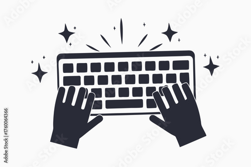 Silhouetted hands type swiftly on a shining keyboard amidst stars and light streaks