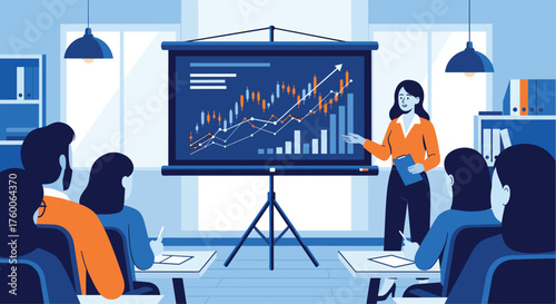 Dynamic business presentation showcasing upward growth trends to engaged audience in modern office setting, perfect for financial success and corporate achievement