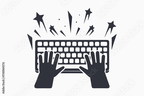 Two hands are actively typing on a computer keyboard with star burst icons surrounding it