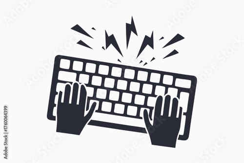 Two hands swiftly type on a keyboard, accompanied by strike flashes for emphasis