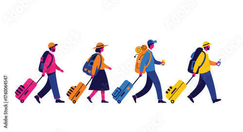 Colorful travelers with luggage on the go, ready for vacation adventures and exciting journeys, perfect for travel blogs and tourism campaigns