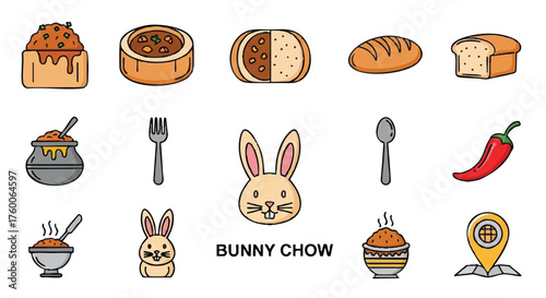 set of bunny chow outline icons vector full color