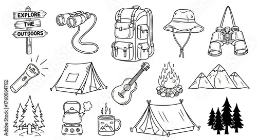 A collection of hand-drawn camping and hiking equipment icons in a black and white doodle style for adventure travel. johny (324)