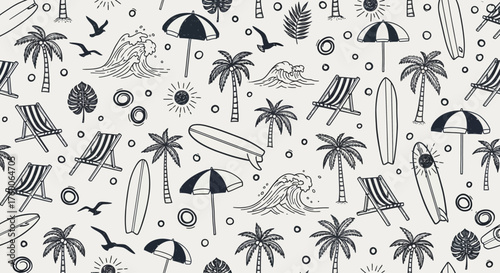 Seamless doodle pattern of tropical beach life. A hand-drawn illustration featuring summer vacation icons like palm trees, surfboards, and deck chairs