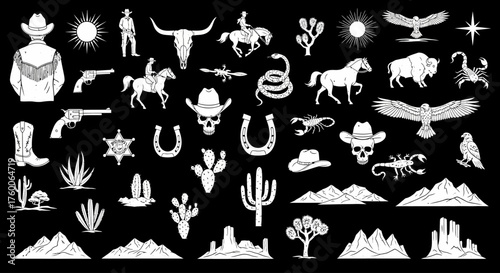 Wild West vector icon set with cowboy symbols, desert animals, and landscape silhouettes on a black background