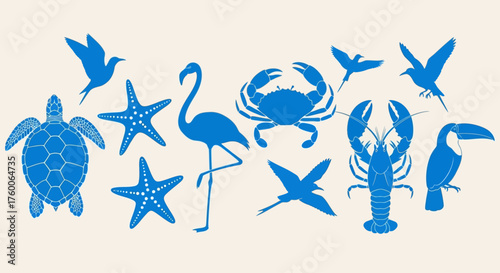 Set of tropical coastal wildlife silhouettes. Vector illustration icons of sea turtle, lobster, crab, and flamingo